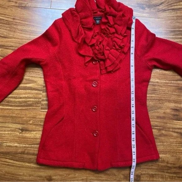Fever Red Ruffle Collar Button Front 100% Wool Cardigan Sweater Size Small Retro - Picture 15 of 16